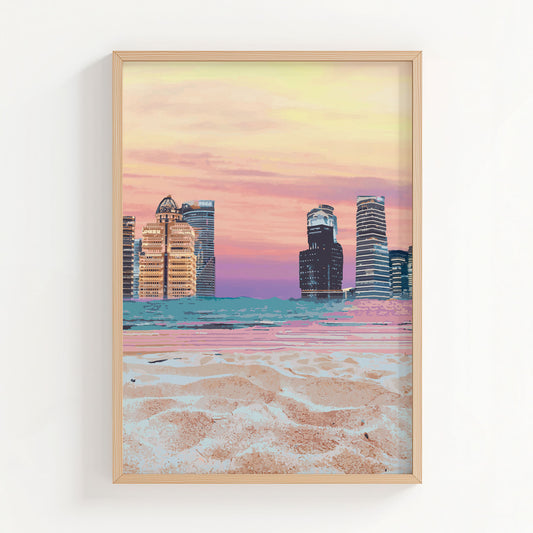 Modern cityscape wall art featuring futuristic skyscrapers along a beach shoreline, with soft sand in the foreground and a vibrant pastel sunset sky blending shades of pink, orange, and purple