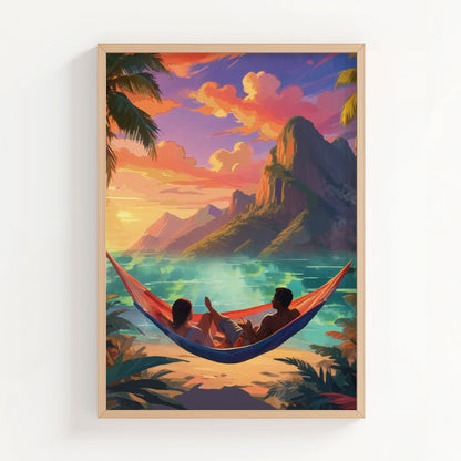 Romantic tropical sunset wall art showing a couple relaxing in a hammock by the beach, with palm trees, turquoise waters, and dramatic mountain cliffs under a vivid orange and pink sky