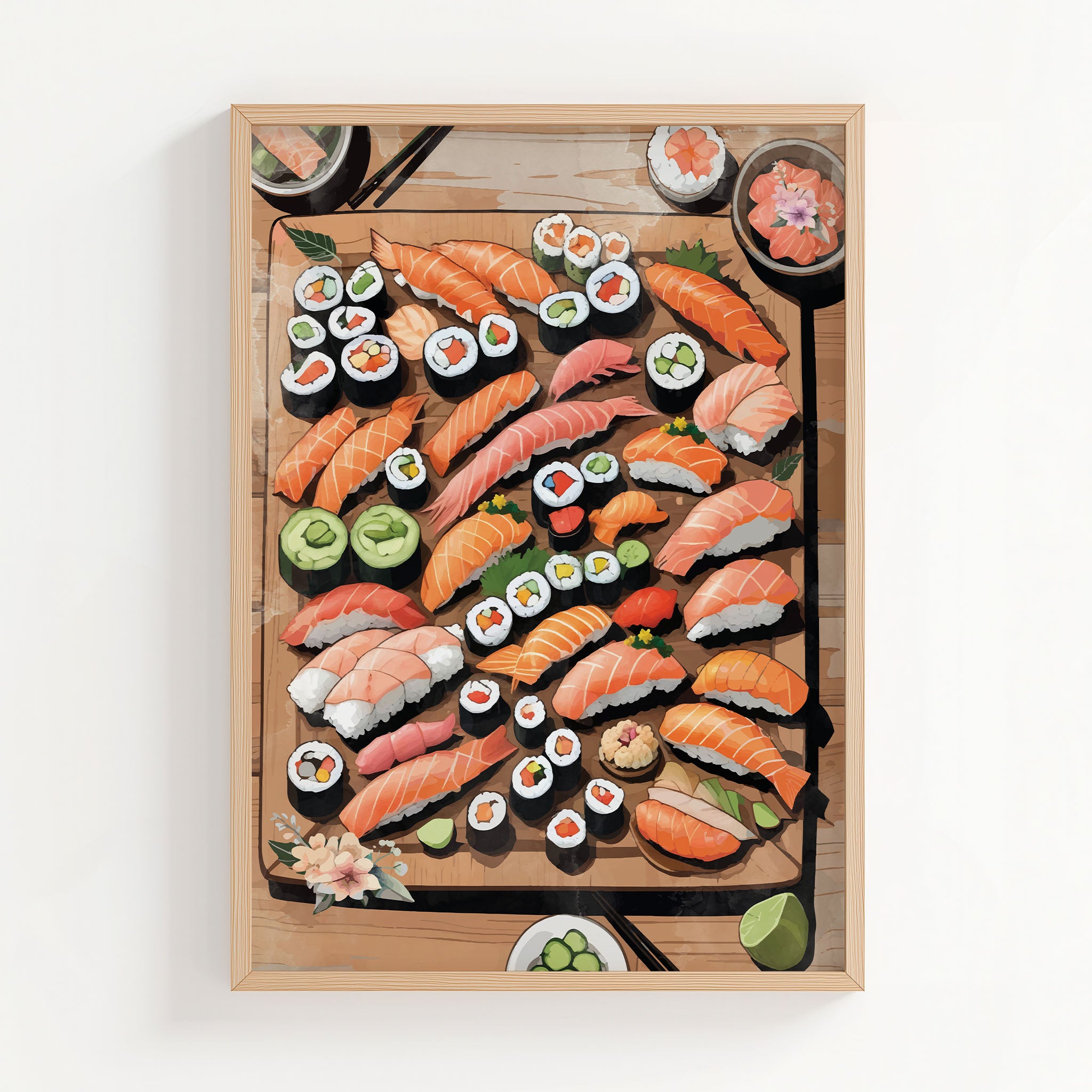 Printable wall art of an assorted sushi platter with colorful nigiri, maki rolls, sashimi, wasabi, and pickled ginger on a wooden board, perfect for kitchen, dining area, or Japanese food-themed decor