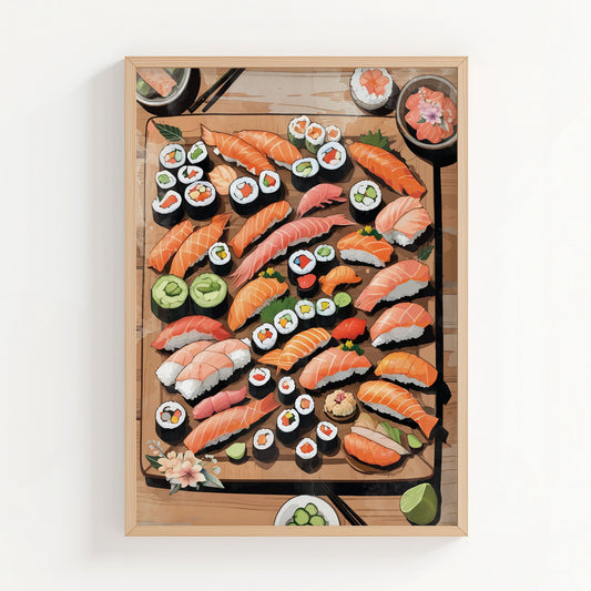 Printable wall art of an assorted sushi platter with colorful nigiri, maki rolls, sashimi, wasabi, and pickled ginger on a wooden board, perfect for kitchen, dining area, or Japanese food-themed decor