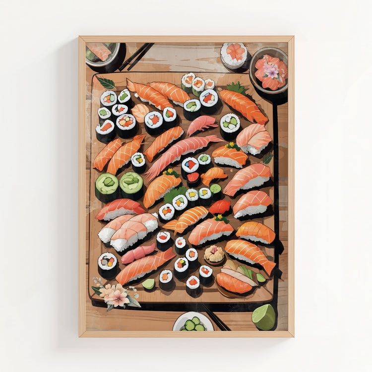 Printable wall art of an assorted sushi platter with colorful nigiri, maki rolls, sashimi, wasabi, and pickled ginger on a wooden board, perfect for kitchen, dining area, or Japanese food-themed decor