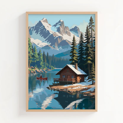 Rustic winter cabin printable wall art featuring a cozy log cabin on the edge of a tranquil lake, surrounded by snow-dusted pine trees and dramatic snow-covered mountain peaks, with a red canoe gliding across the water, perfect for cabin, adventure, or nature-inspired decor