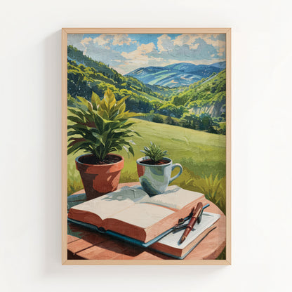 Peaceful printable wall art depicting an open book, pen, coffee cup, and potted plants on a table overlooking lush green hills and distant mountains under a sunny sky - perfect for writers, book lovers, or cozy nature-inspired decor