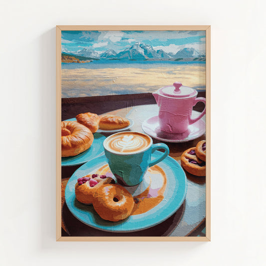 Printable wall art of a charming breakfast scene with a blue coffee cup, pink teapot, assorted pastries, and donuts on colorful plates, set against a scenic backdrop of mountains and water, perfect for kitchen or café-inspired decor.