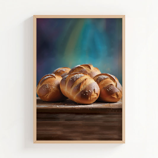 Printable wall art of freshly baked golden brown bread rolls with coarse salt on top, arranged on a rustic wooden surface with a soft, moody background, perfect for cozy kitchen or bakery-themed decor