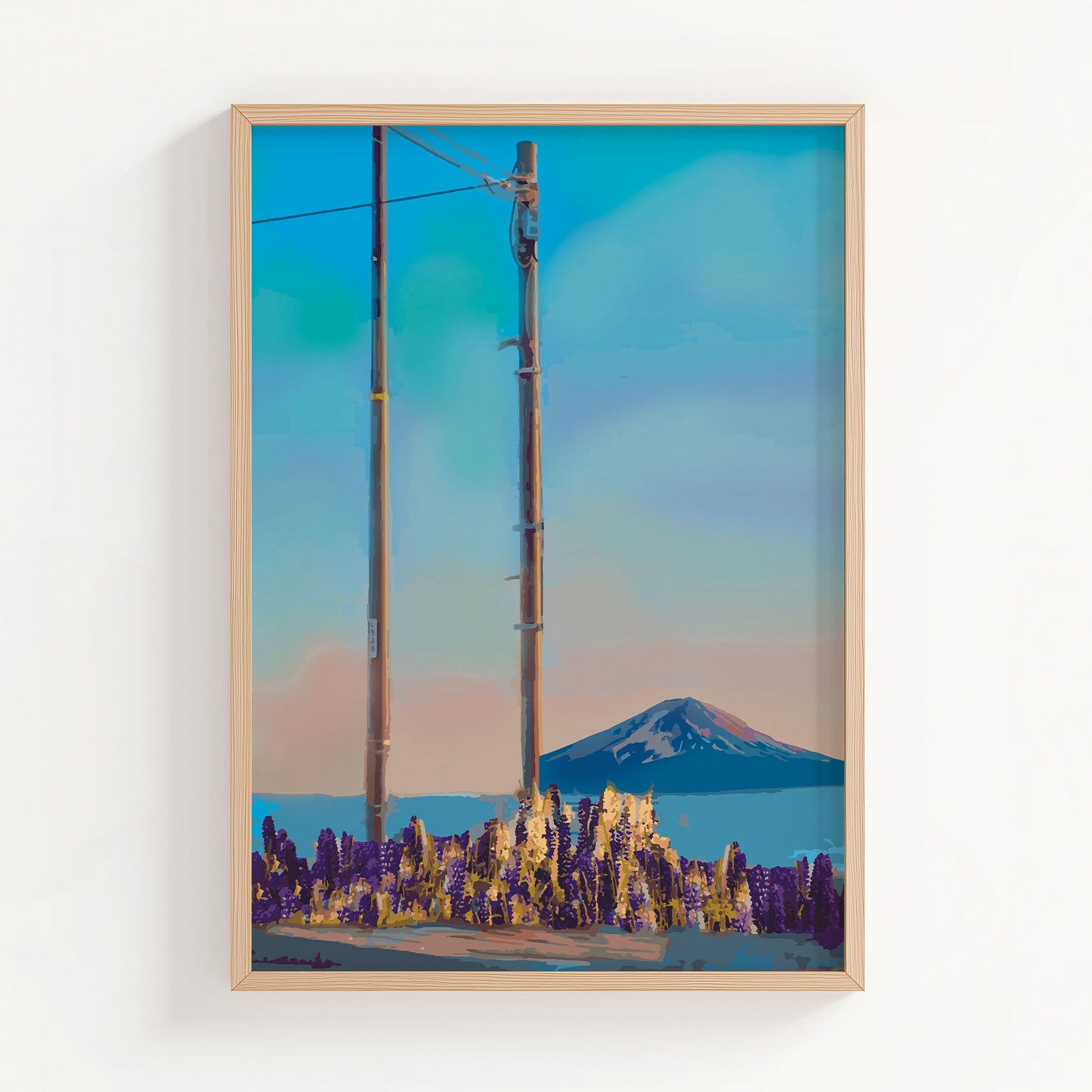 Minimalist mountain wall art featuring two wooden utility poles in a field of golden and purple wildflowers, with Mount Fuji in the distance under a soft pastel sunset sky