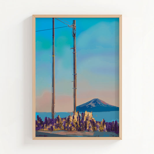 Minimalist mountain wall art featuring two wooden utility poles in a field of golden and purple wildflowers, with Mount Fuji in the distance under a soft pastel sunset sky