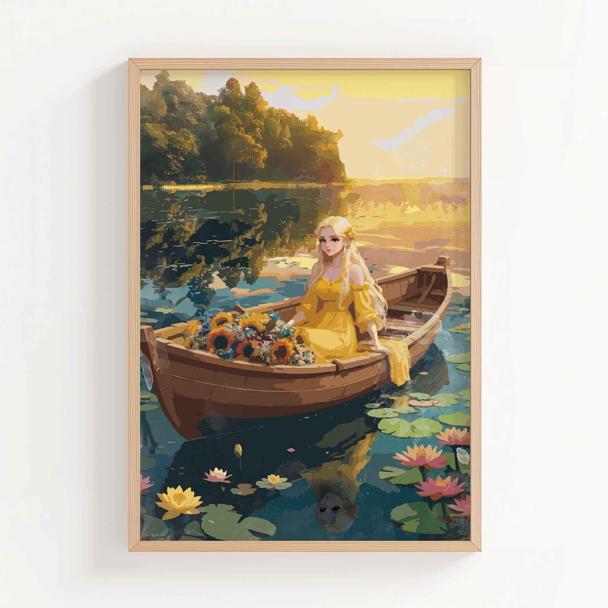 Romantic fantasy-style printable wall art featuring a blonde woman in a flowing yellow dress sitting in a wooden boat adorned with sunflowers, floating on a tranquil lily-covered lake at sunset - perfect for fairytale, cottagecore, or dreamy feminine decor