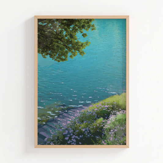 Tranquil lakeside wall art featuring crystal-clear turquoise water, a small wooden dock, and a flower-covered grassy bank under the shade of leafy tree branches