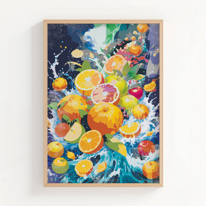 Printable wall art featuring a vibrant explosion of citrus and orchard fruits like oranges, lemons, grapefruits, apples, and limes splashing through colorful water, perfect for kitchen, juice bar, or bold fruit-themed decor