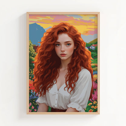 Vibrant digital portrait of a red-haired woman with soft curls, set against a colorful countryside landscape at sunset - modern feminine printable wall art
