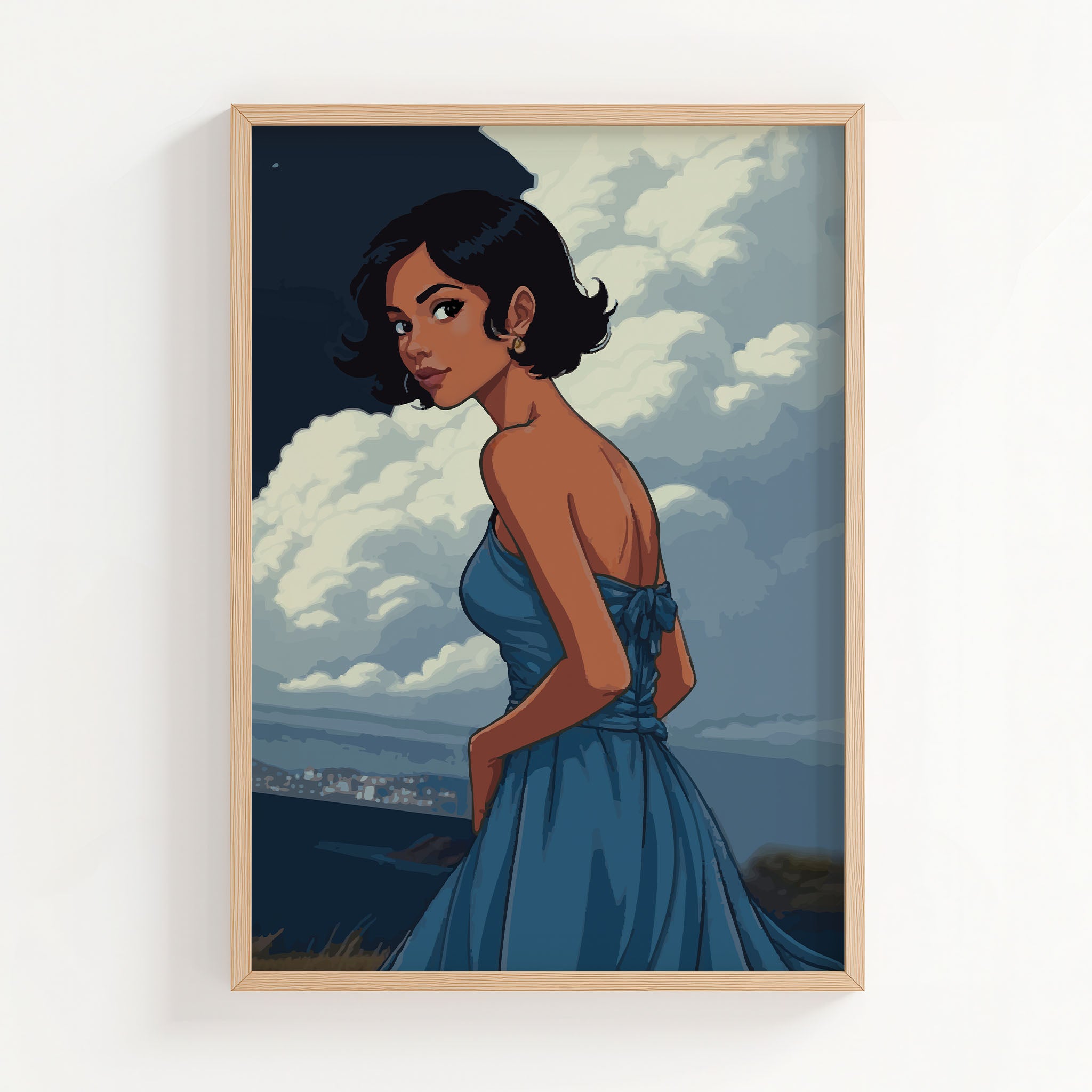 Stylized digital portrait of a confident woman in a flowing blue dress, set against a dramatic cloudy sky and distant coastline, perfect for modern printable wall art