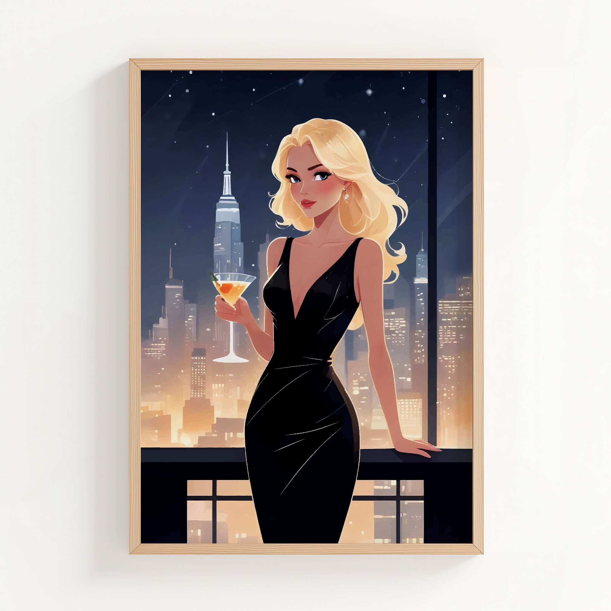 Stylish digital illustration of a glamorous blonde woman in a sleek black dress holding a cocktail, with a glowing city skyline and skyscrapers at night, elegant printable wall art