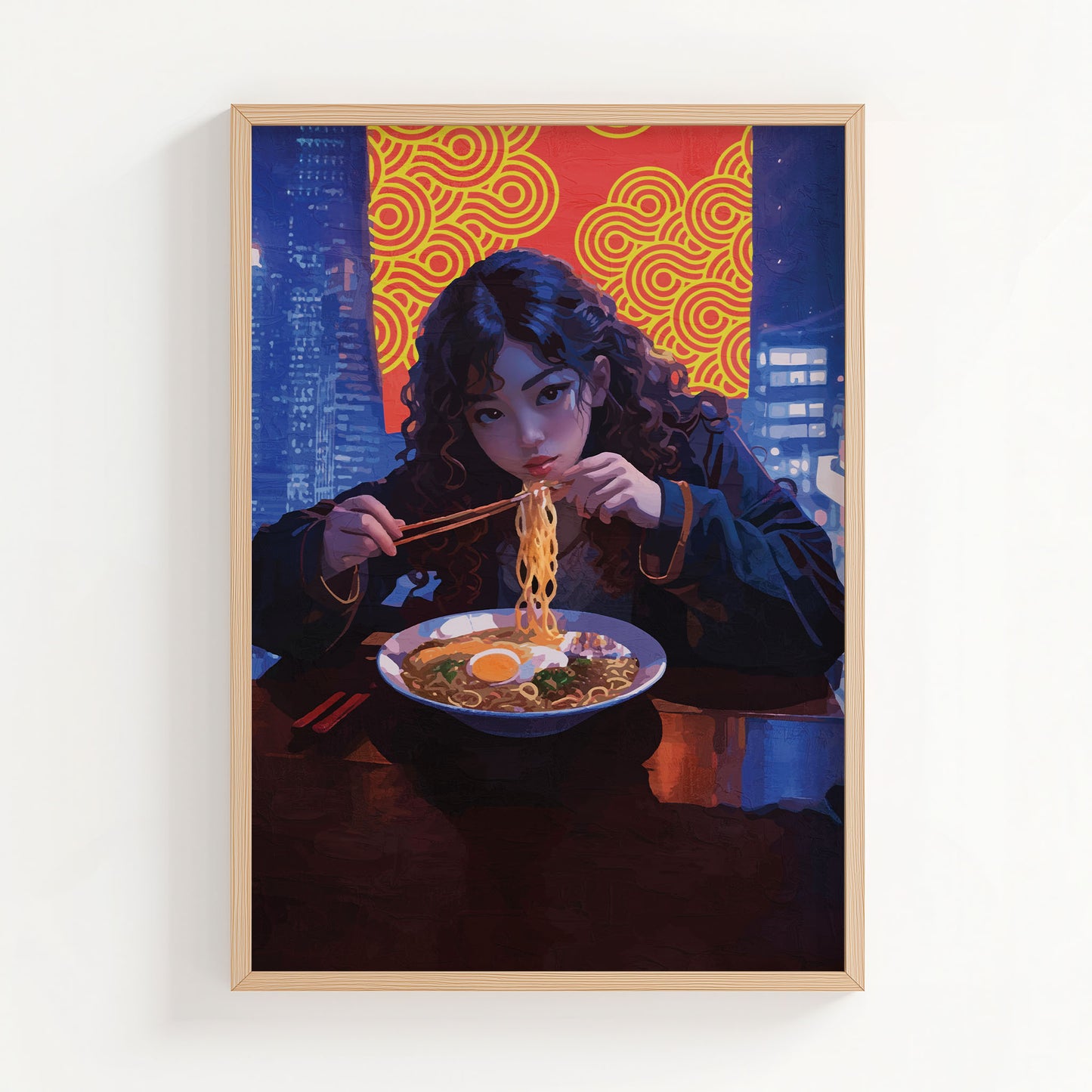 Digital wall art of a young woman eating ramen with chopsticks at a night city restaurant, featuring a glowing red and yellow patterned backdrop and neon-lit urban skyline
