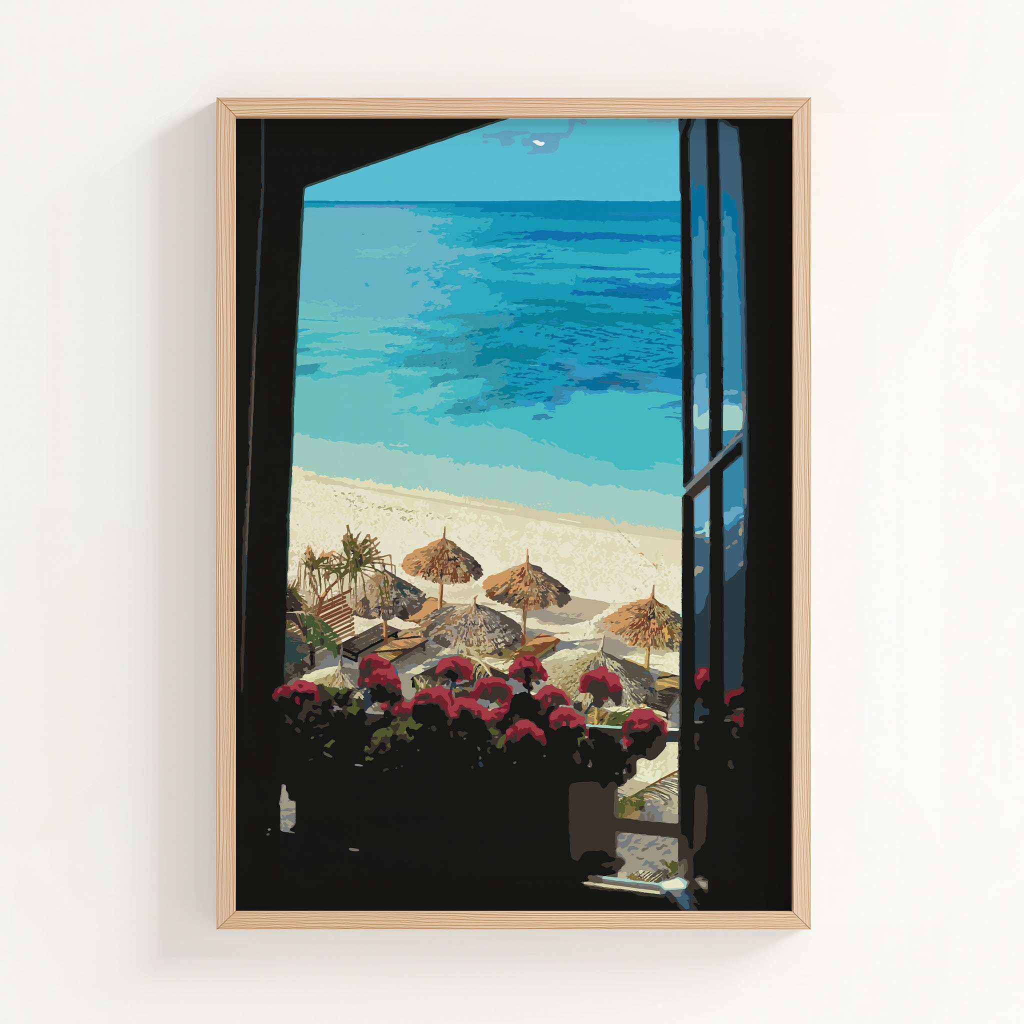 Coastal beach wall art featuring a tropical ocean view from an open window, with vibrant red flowers on the windowsill, straw beach umbrellas, lounge chairs, and crystal-clear turquoise water