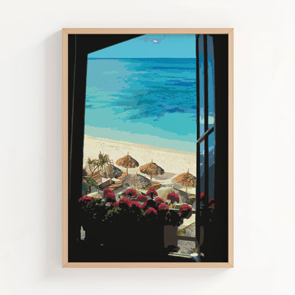 Coastal beach wall art featuring a tropical ocean view from an open window, with vibrant red flowers on the windowsill, straw beach umbrellas, lounge chairs, and crystal-clear turquoise water