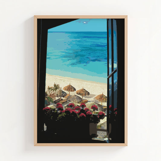 Coastal beach wall art featuring a tropical ocean view from an open window, with vibrant red flowers on the windowsill, straw beach umbrellas, lounge chairs, and crystal-clear turquoise water