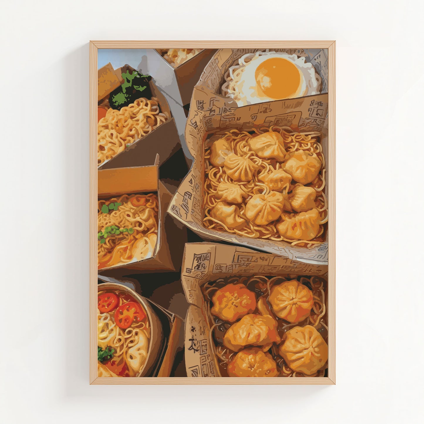 Vibrant food illustration featuring takeout boxes filled with Asian cuisine, including noodles, dumplings, and a fried egg. The warm colours and detailed textures create a mouthwatering, cosy street-food vibe perfect for kitchen or dining room wall art.