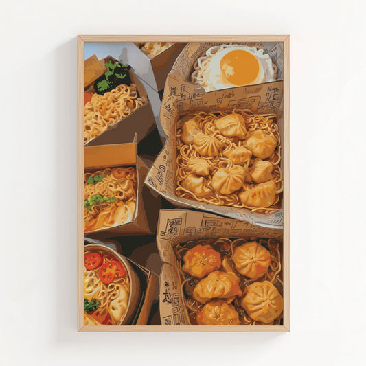 Vibrant food illustration featuring takeout boxes filled with Asian cuisine, including noodles, dumplings, and a fried egg. The warm colours and detailed textures create a mouthwatering, cosy street-food vibe perfect for kitchen or dining room wall art.