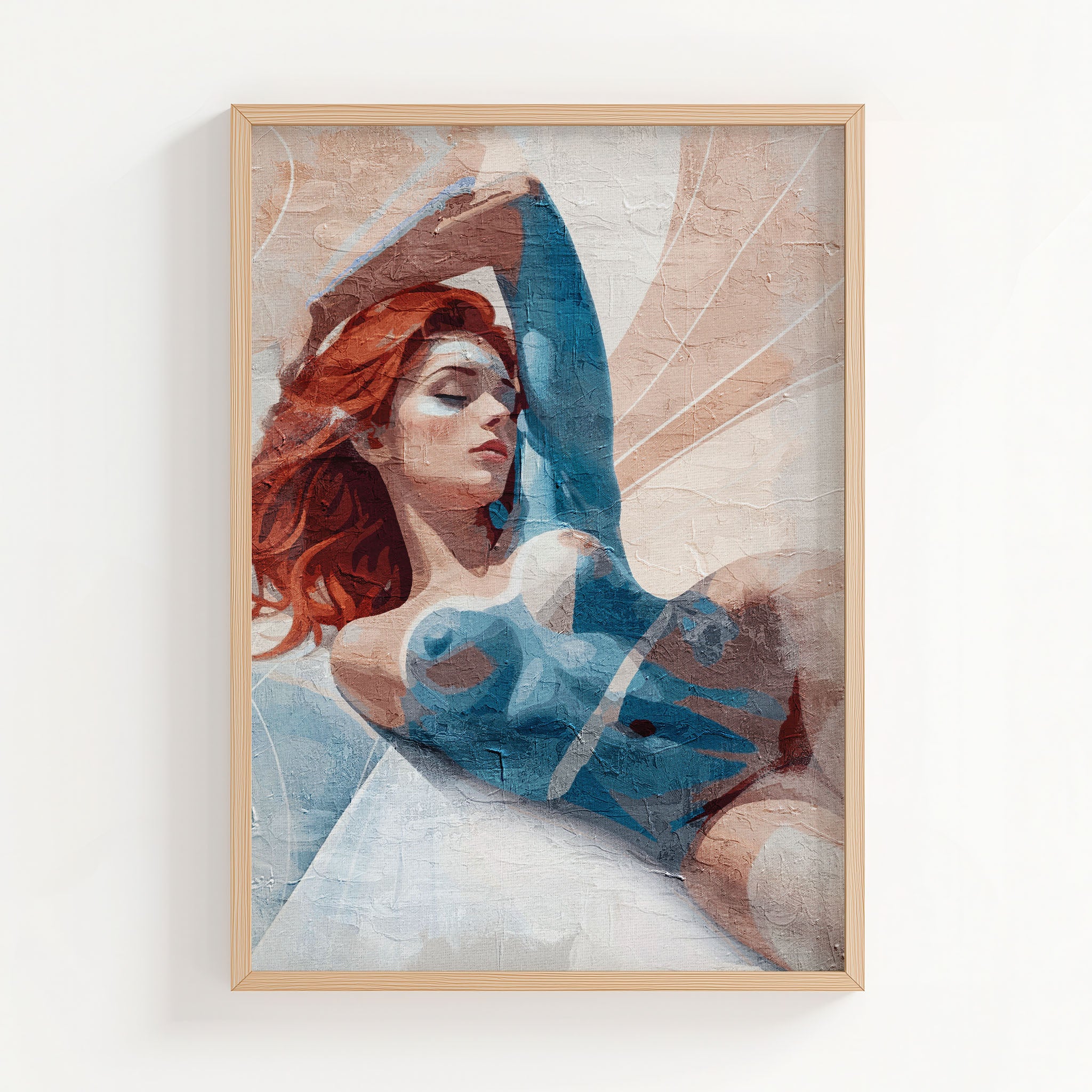 Modern printable wall art of a reclining woman with red hair, painted in an abstract style with blue and beige body tones, ideal for bold, contemporary interior decor