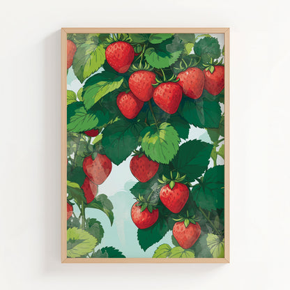 Printable wall art featuring vibrant red strawberries growing among lush green leaves on a sunny day, illustrated in a botanical style, perfect for kitchen, garden, or farmhouse-themed decor