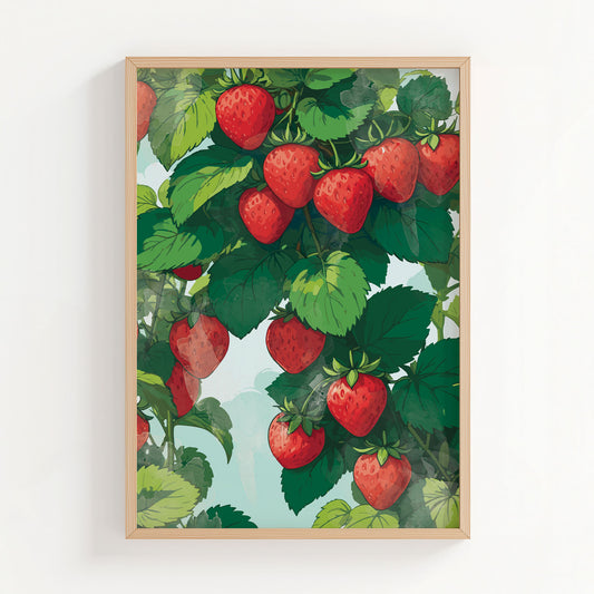 Printable wall art featuring vibrant red strawberries growing among lush green leaves on a sunny day, illustrated in a botanical style, perfect for kitchen, garden, or farmhouse-themed decor