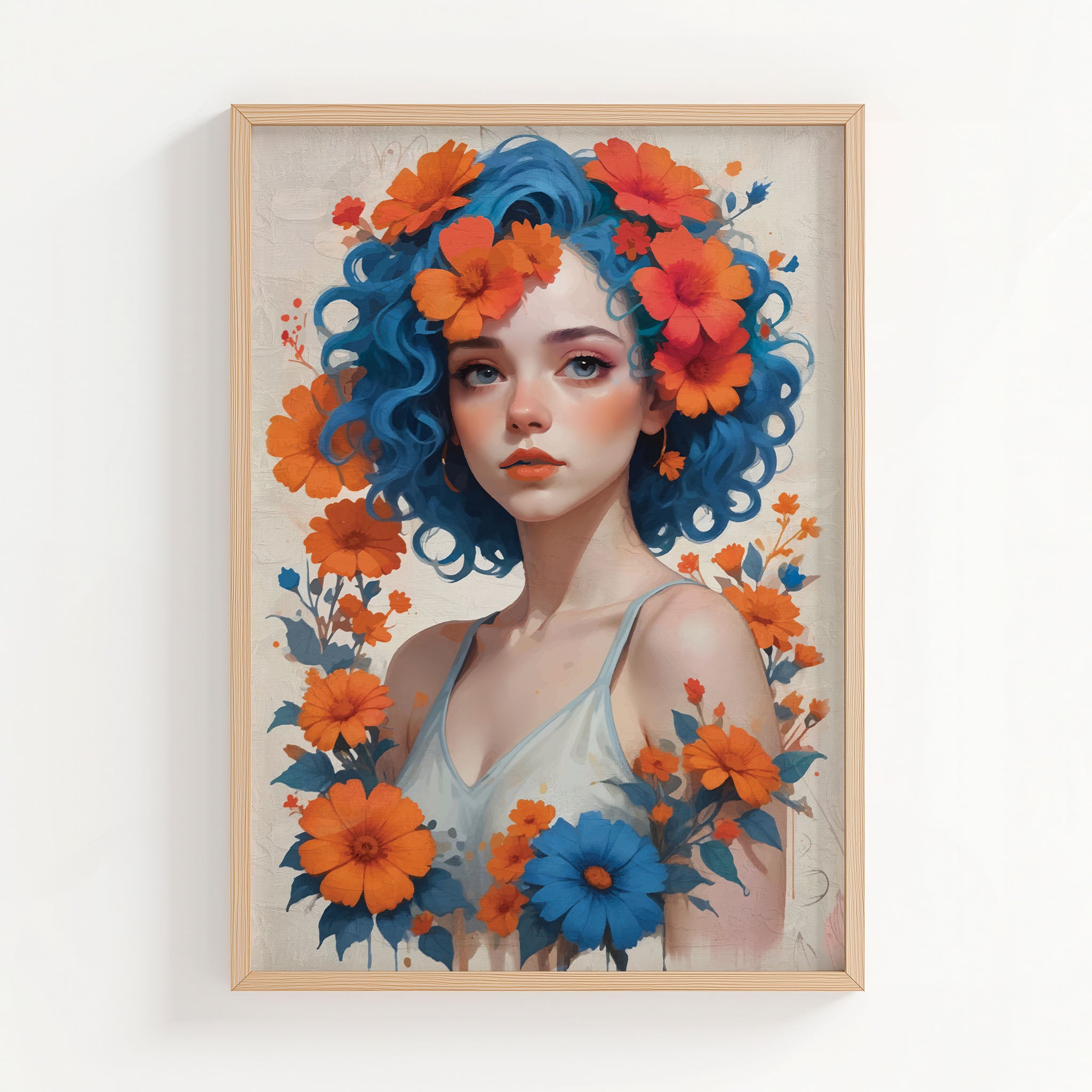 Whimsical digital portrait of a young woman with vibrant blue curly hair adorned with orange and red flowers, surrounded by matching blossoms - striking printable wall art for bold and artistic home decor