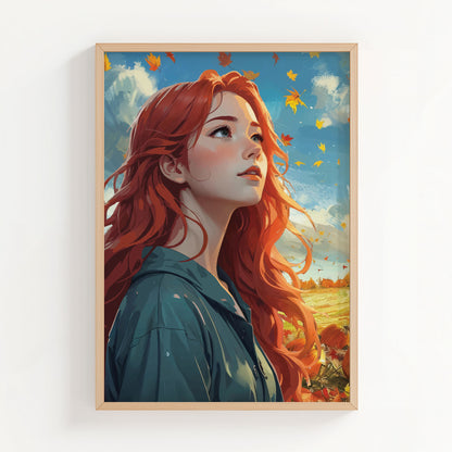 Autumn-themed printable wall art featuring a red-haired woman gazing upward as fall leaves swirl around her, set against a vibrant blue sky and golden fields, ideal for seasonal and cozy home decor