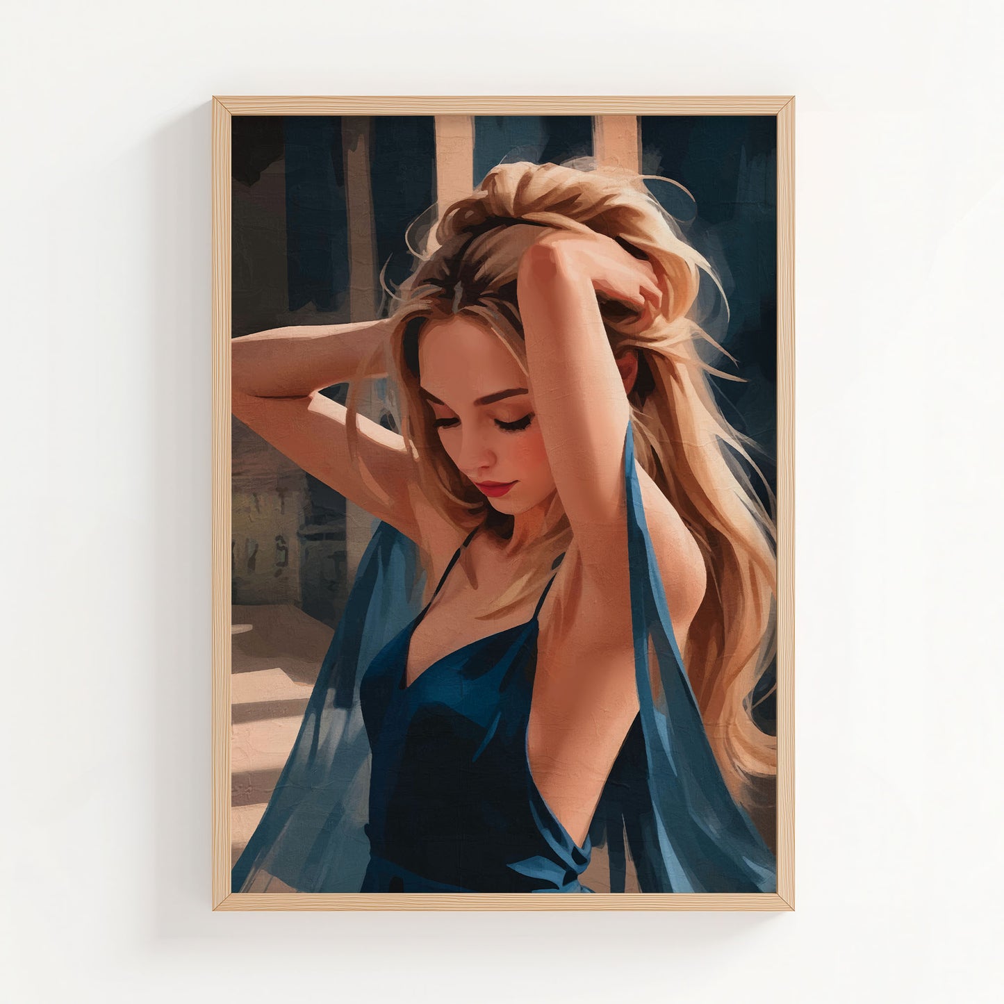Elegant digital painting of a blonde woman in a flowing deep blue dress with hands in her hair, captured in warm sunlight, high-resolution printable wall art