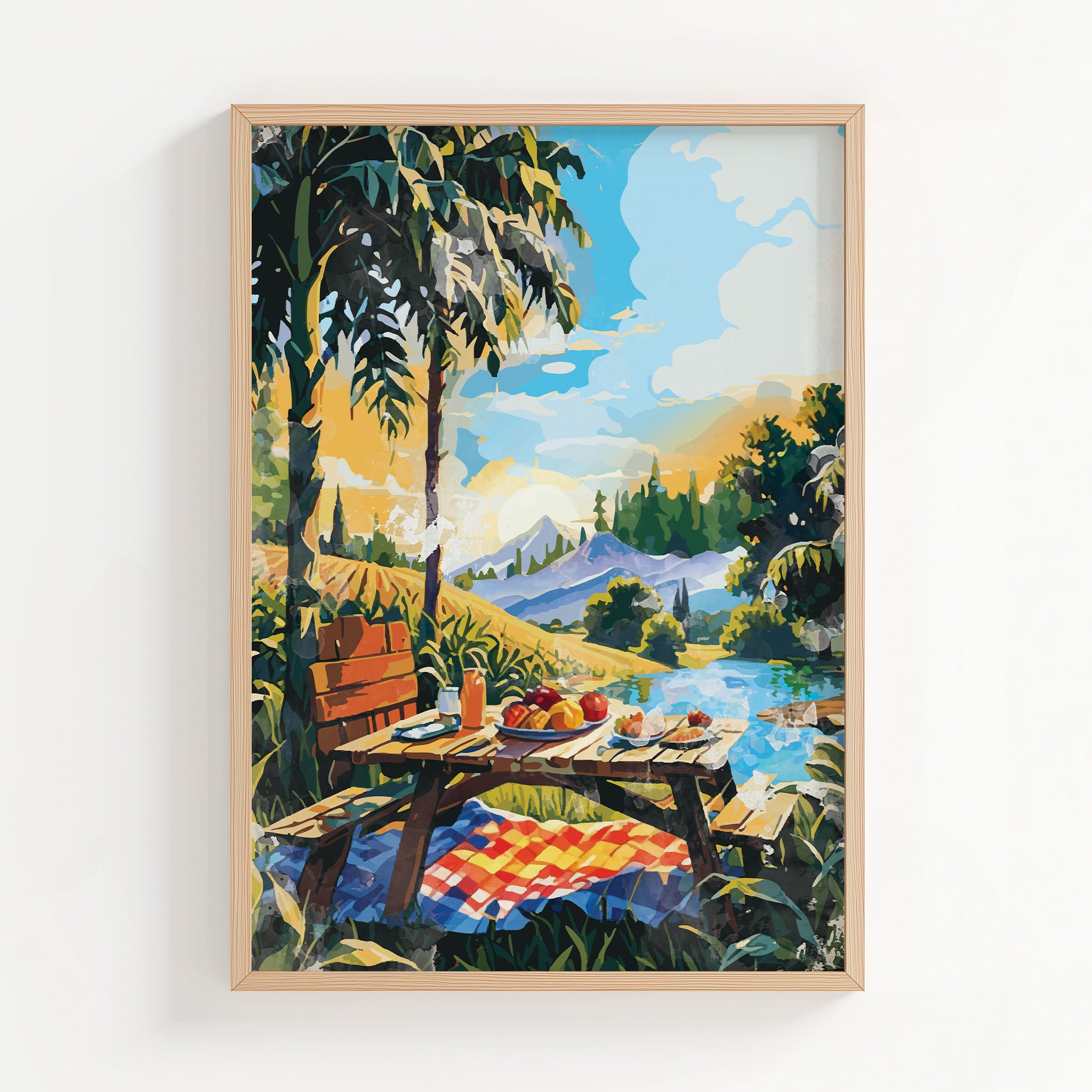 Vibrant picnic-themed printable wall art depicting a rustic wooden table set with fruit, juice, and pastries beside a lake, surrounded by palm trees, mountains, and a colorful sky - perfect for summer decor, kitchen walls, or outdoor-inspired spaces