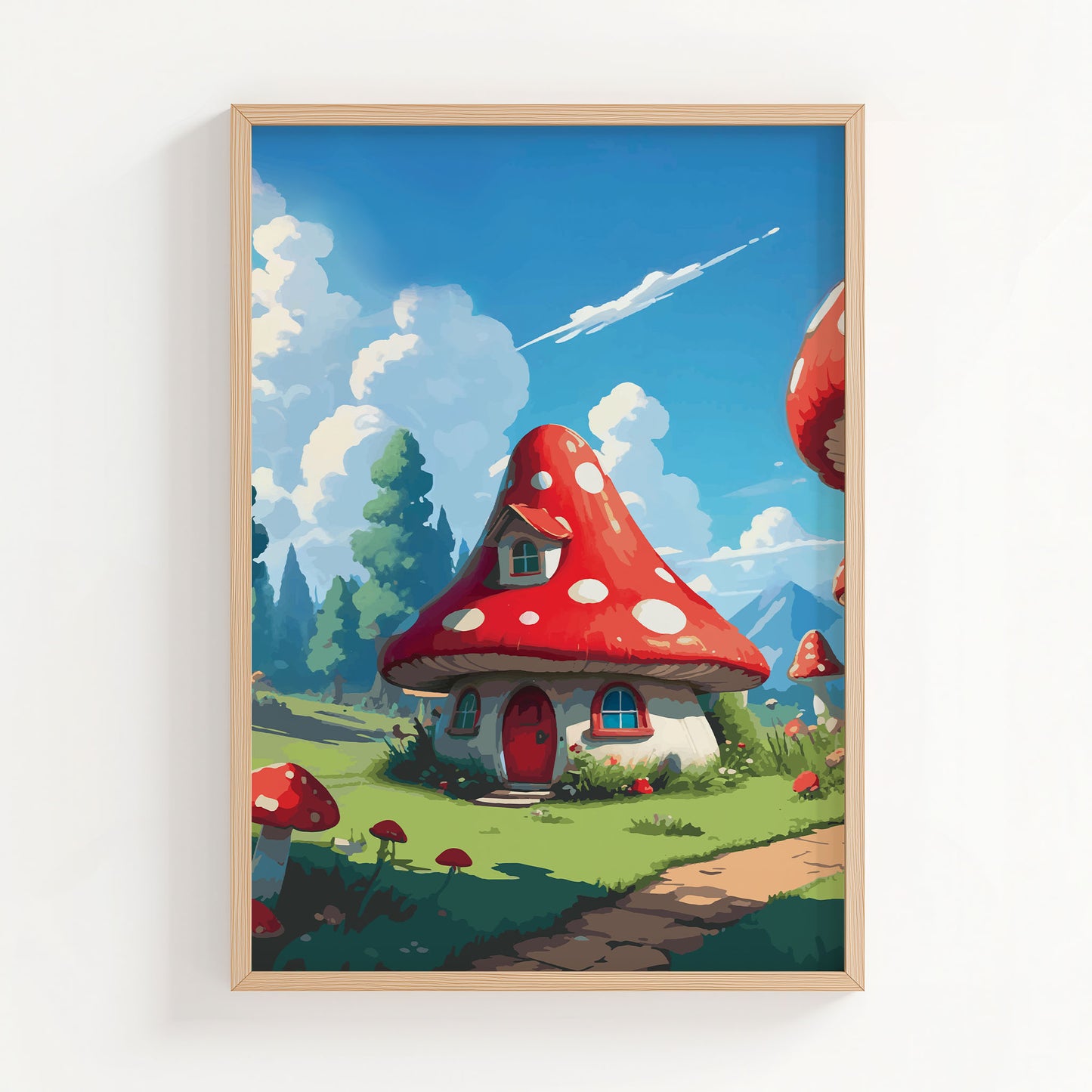 Whimsical fantasy scene featuring a cozy mushroom-shaped house with a red and white spotted roof, round windows, and a red door. Set in a sunny meadow with green grass, flowers, and tall trees under a bright blue sky with fluffy clouds and distant mountains
