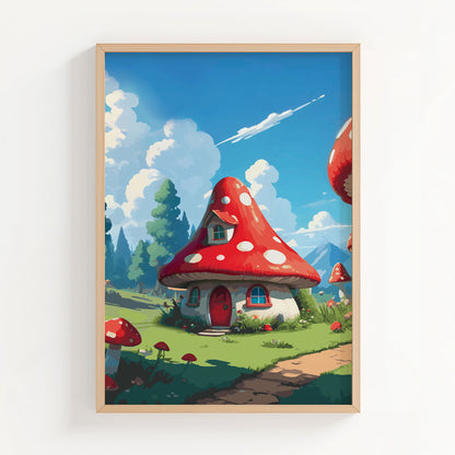 Whimsical fantasy scene featuring a cozy mushroom-shaped house with a red and white spotted roof, round windows, and a red door. Set in a sunny meadow with green grass, flowers, and tall trees under a bright blue sky with fluffy clouds and distant mountains