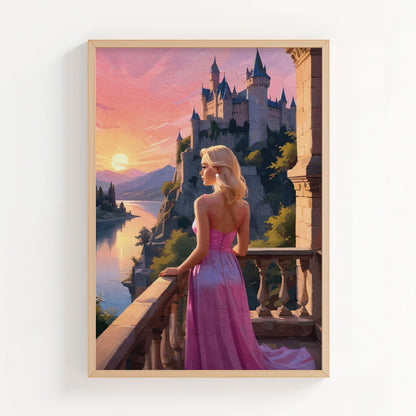 Romantic fantasy wall art featuring an elegant woman in a flowing pink gown standing on a stone balcony at sunset. She overlooks a glowing river valley and a majestic castle perched on a cliff, surrounded by pastel skies, soft golden light, and distant mountains, creating a dreamy fairytale atmosphere. Digital Download. Printable Wall Art.