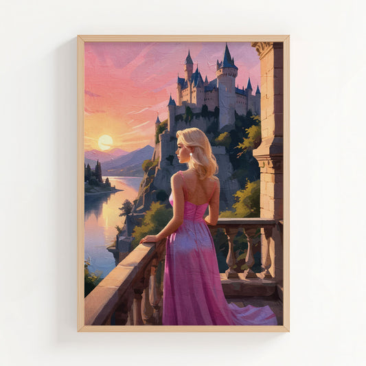 Romantic fantasy wall art featuring an elegant woman in a flowing pink gown standing on a stone balcony at sunset. She overlooks a glowing river valley and a majestic castle perched on a cliff, surrounded by pastel skies, soft golden light, and distant mountains, creating a dreamy fairytale atmosphere. Digital Download. Printable Wall Art.