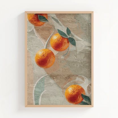 Printable wall art featuring a textured, abstract background with bright orange citrus fruits and green leaves, evoking a rustic, Mediterranean-inspired aesthetic, perfect for kitchen or dining room decor