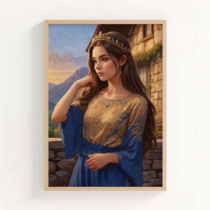 Romantic fantasy portrait illustration of a graceful woman wearing a golden crown and flowing blue and gold gown, standing on a stone balcony at sunset with mountains in the distance. Elegant medieval-inspired wall art with soft light, painterly texture, and a timeless fairytale atmosphere. Printable Wall Art. Digital Download.