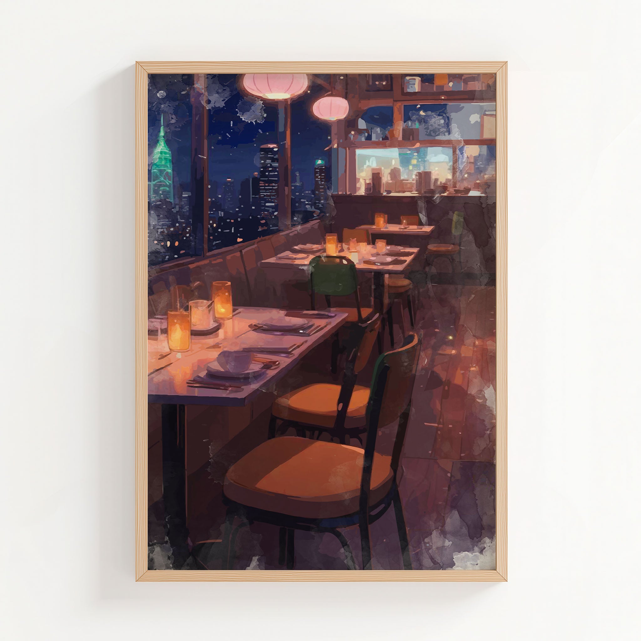 Atmospheric illustration of a cozy rooftop restaurant at night, with softly glowing candles on set tables and warm lantern lights hanging above. Large windows reveal a breathtaking city skyline with illuminated skyscrapers, creating a romantic and serene urban dining mood.