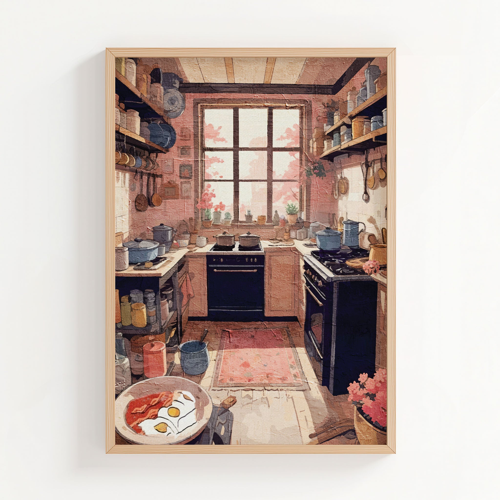 Printable wall art of a warm, rustic kitchen filled with pots, pans, and open shelving, with a large window overlooking blooming pink trees, perfect for cottagecore, farmhouse, or vintage-inspired home decor