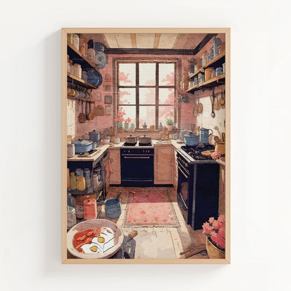 Printable wall art of a warm, rustic kitchen filled with pots, pans, and open shelving, with a large window overlooking blooming pink trees, perfect for cottagecore, farmhouse, or vintage-inspired home decor