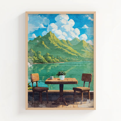 Tropical lakefront printable wall art featuring a rustic wooden table with two chairs overlooking calm turquoise water and lush green mountains under a bright blue sky with fluffy clouds - perfect for vacation-inspired, outdoor dining, or serene nature-themed decor
