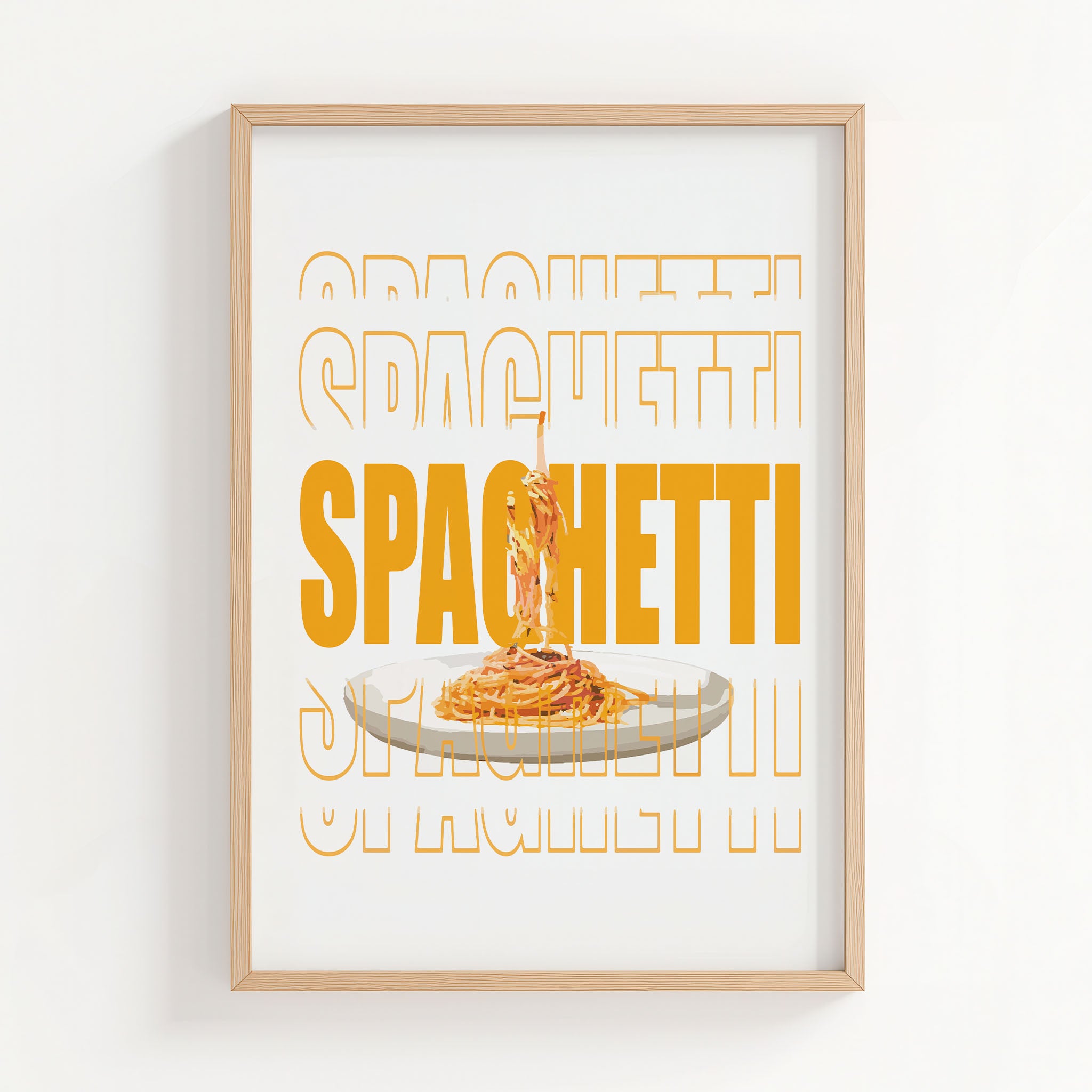 Modern printable wall art featuring a plate of spaghetti suspended mid-air, overlaid with bold, graphic text reading ‘SPAGHETTI’ in large orange typography, perfect for kitchen decor or food lovers