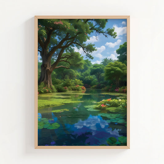 Tranquil landscape featuring a lush tropical pond surrounded by vibrant greenery, blooming water lilies, and tall trees with sprawling branches. The calm water reflects the blue sky and clouds, creating a serene and peaceful nature scene.