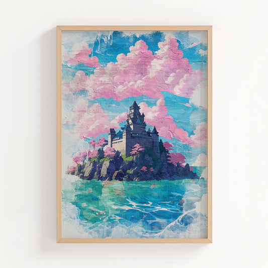 Dreamy fantasy castle wall art featuring a majestic stone castle perched on a rocky island, surrounded by turquoise waters and pink cherry blossom trees, under a sky filled with cotton candy clouds