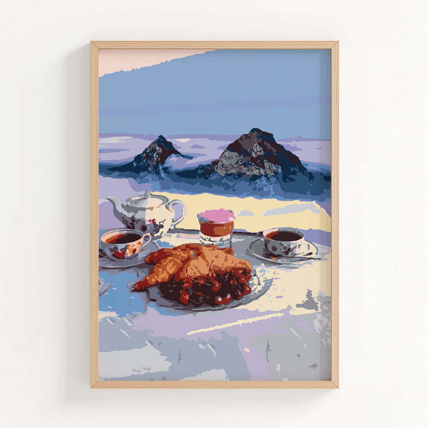 Cozy printable wall art of a serene alpine breakfast scene featuring croissants, tea, and coffee with a majestic mountain backdrop, perfect for kitchen or café-inspired decor