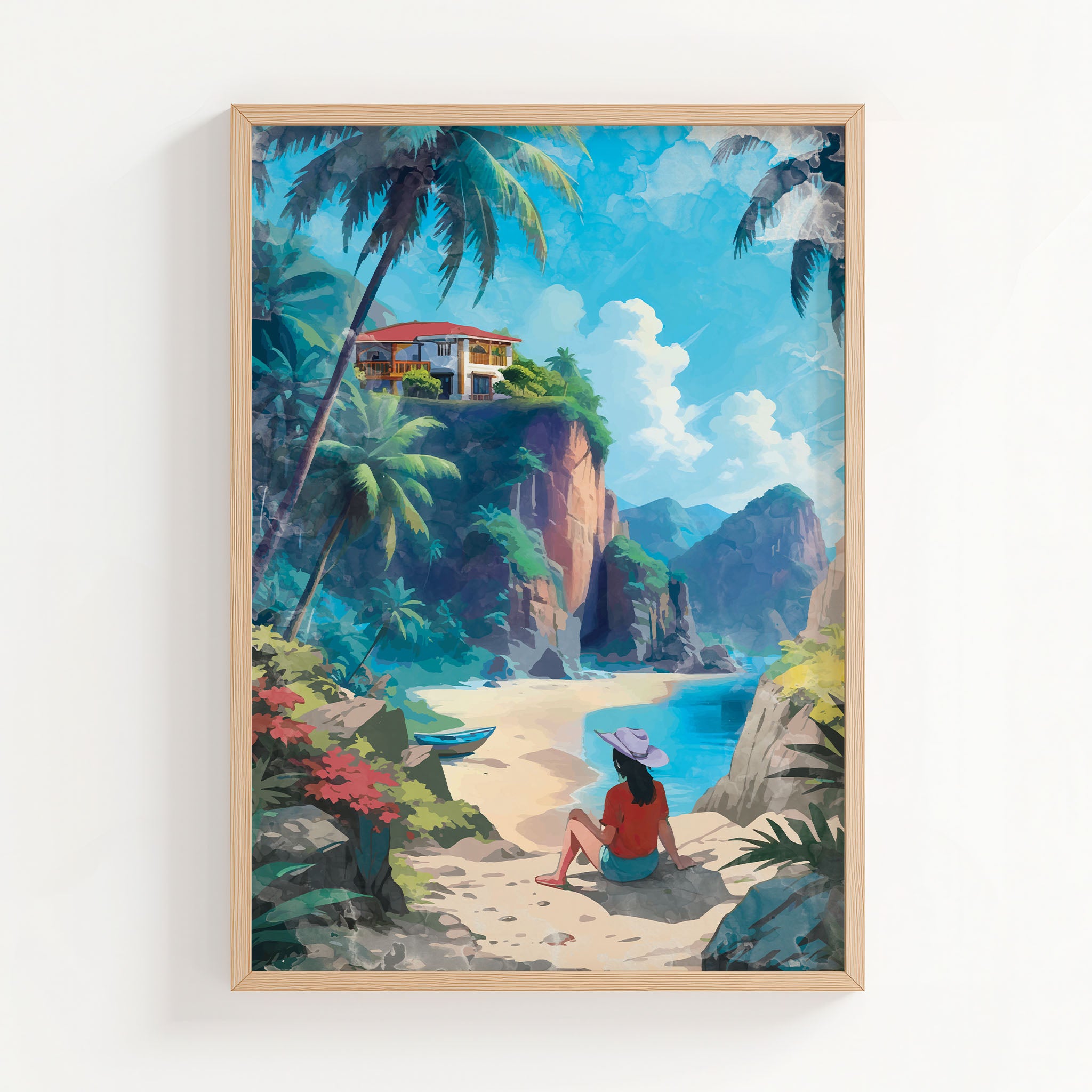Tropical beach escape printable wall art featuring a woman in a sunhat sitting on a sandy shore, gazing at a luxury villa perched atop a lush cliff surrounded by palm trees, with turquoise waters and mountains in the background, perfect for vacation, wanderlust, or coastal-inspired decor