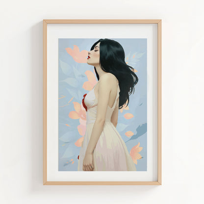 Printable wall art of a graceful woman in a flowing white dress with dark hair, set against a soft pastel floral background, perfect for modern, feminine home decor