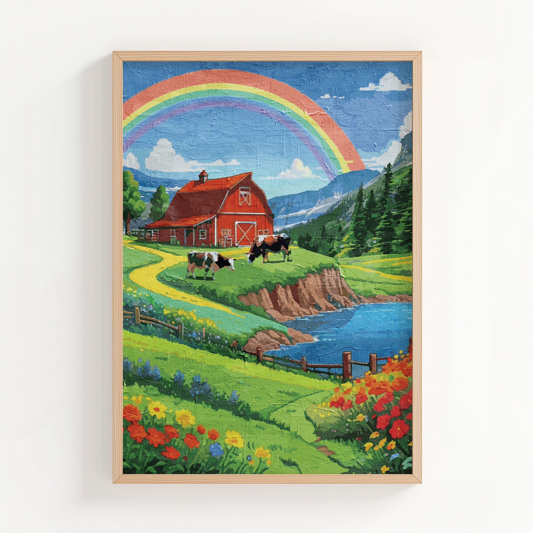 Charming countryside printable wall art featuring a vibrant red barn, grazing cows, colorful wildflowers, and a winding path beside a sparkling lake, all under a bright rainbow arching across a blue sky - perfect for farmhouse, cottagecore, or rural-themed decor