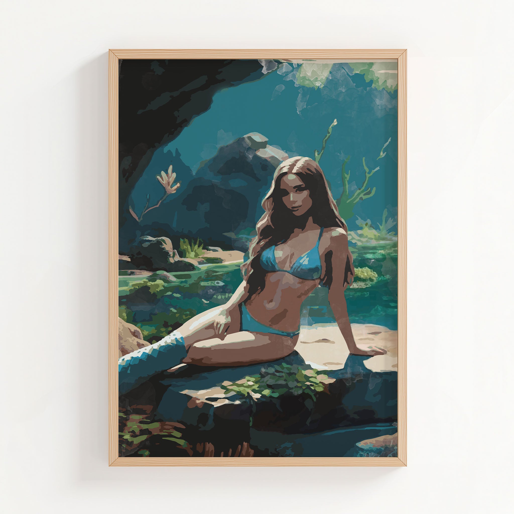 Stylish printable wall art featuring a woman in a blue bikini relaxing by a serene, sunlit forest pool, a blend of natural beauty and elegance, perfect for beach-themed or tropical decor