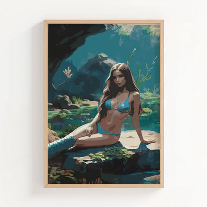Stylish printable wall art featuring a woman in a blue bikini relaxing by a serene, sunlit forest pool, a blend of natural beauty and elegance, perfect for beach-themed or tropical decor