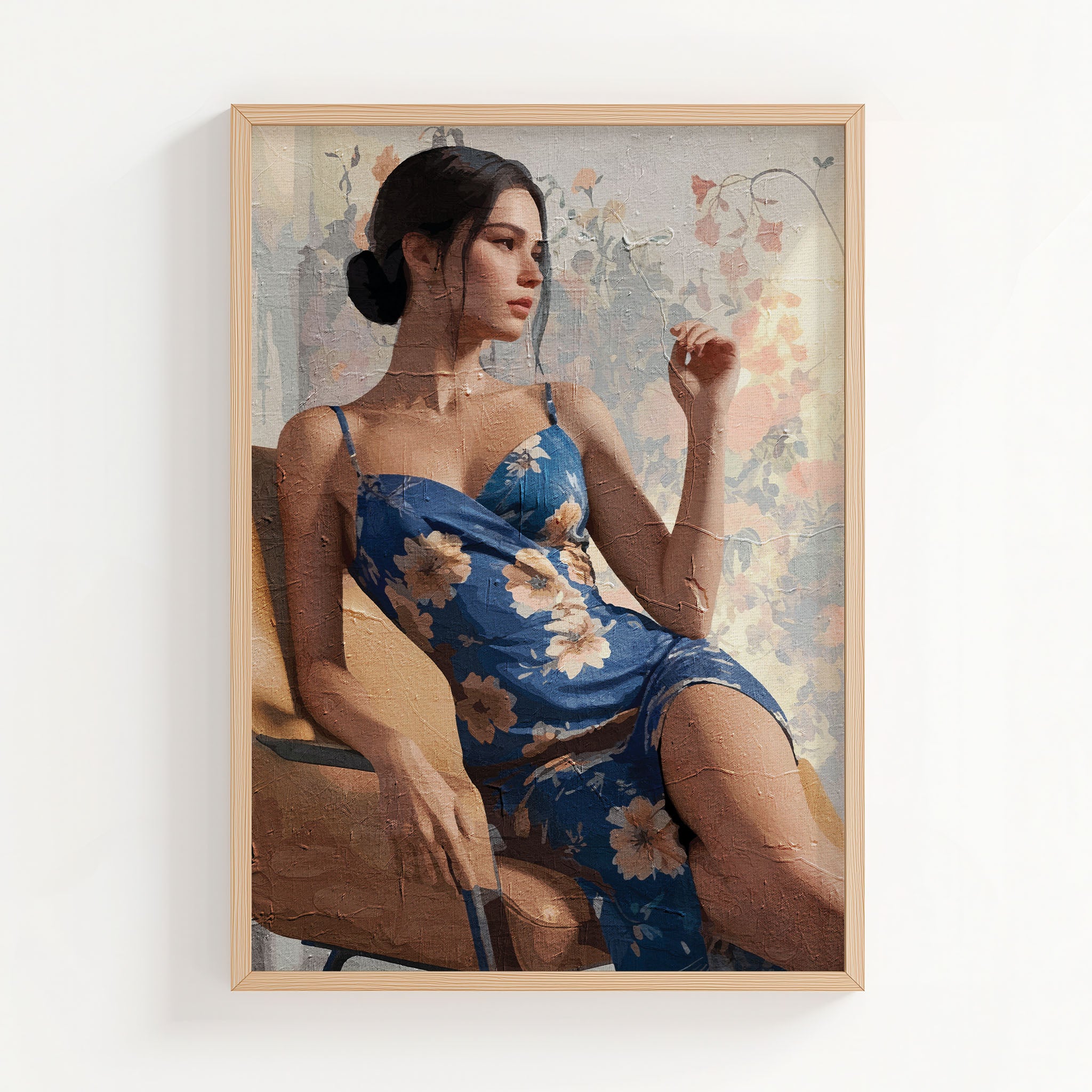 Elegant printable wall art featuring a stylish woman in a floral blue dress, seated gracefully on a chair against a soft, vintage-inspired floral backdrop, evoking sophistication and quiet confidence.
